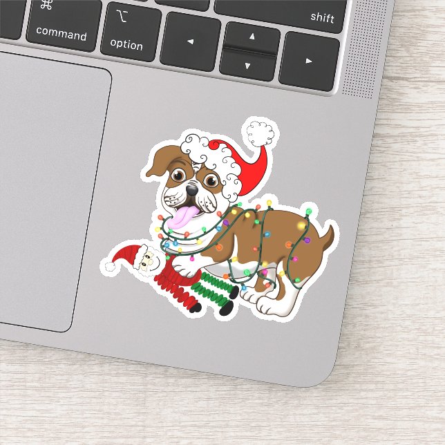 English Bulldog With Xmas Lights Merry Christmas Sticker (Detail)