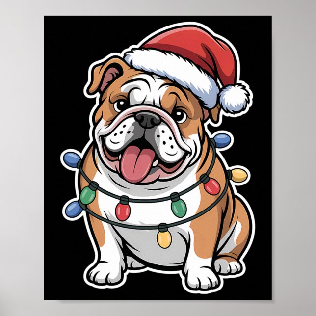 English Bulldog Wrapped In Christmas Lights  Poster (Front)