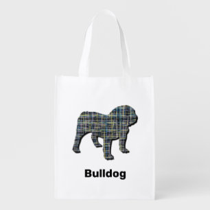 English Bulldog Yellow & Black Grid Lines Grocery Bag