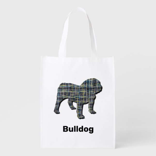English Bulldog Yellow & Black Grid Lines Grocery Bag (Front)