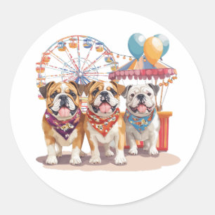 English Bulldogs At A Carnival Classic Round Sticker