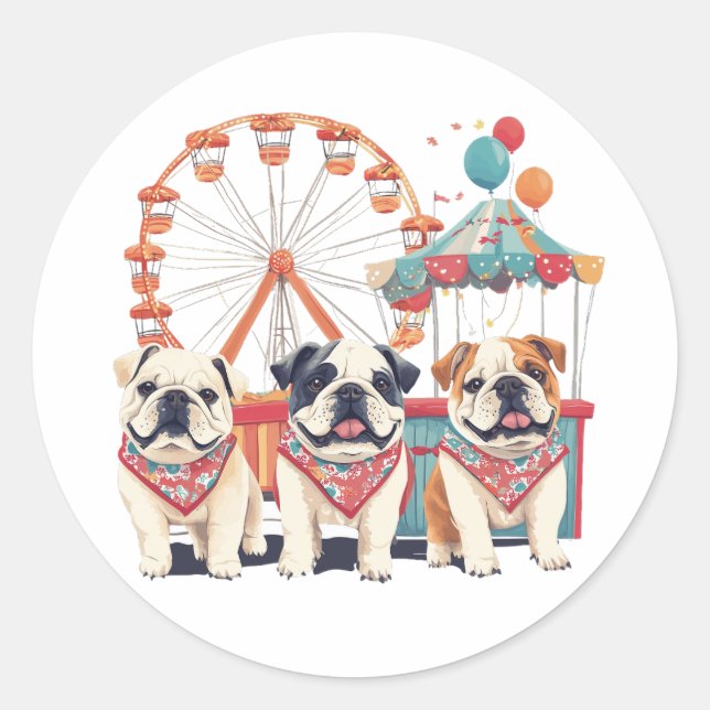 English Bulldogs At A Carnival  Classic Round Sticker (Front)