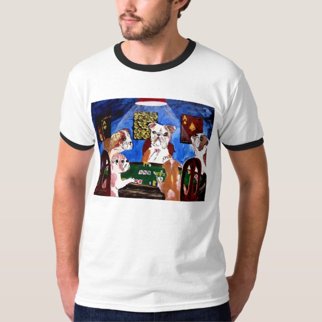 ENGLISH BULLDOGS BULL DOGS PLAYING POKER T-Shirt (Front)