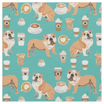 English Bulldogs Coffee Lover Turquoise Fabric by FriendlyPets at Zazzle