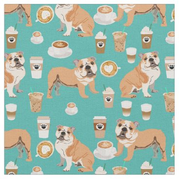 English Bulldogs coffee lover turquoise Fabric