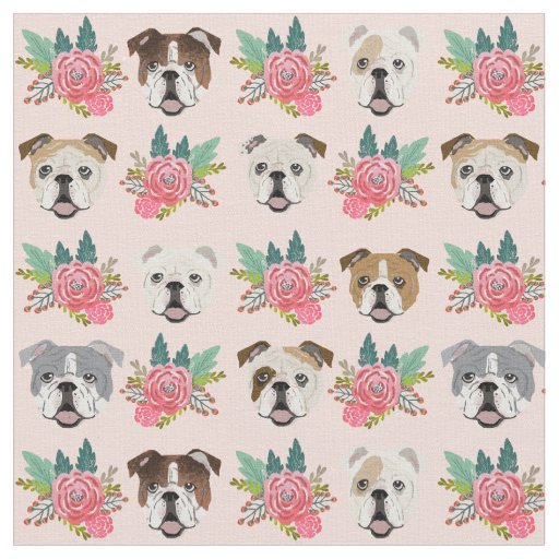 English Bulldogs dogs pink florals Fabric