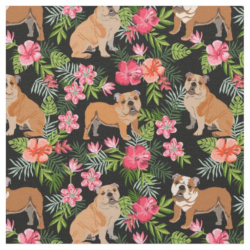 English Bulldogs hawaiian print tropical Fabric