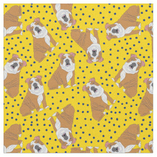 English Bulldogs Patterned Yellow, Blue Polka Dots Fabric