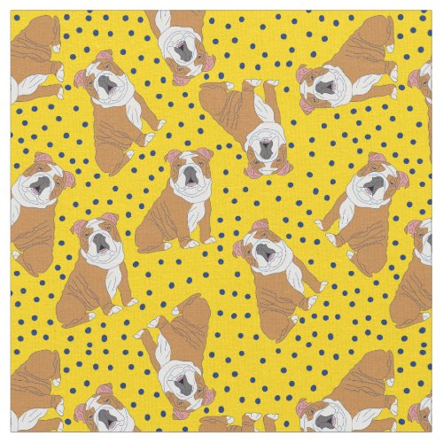 English Bulldogs Patterned Yellow Blue Polka Dots Fabric