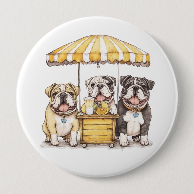 English Bulldogs Running A Lemonade Stand Button (Front)