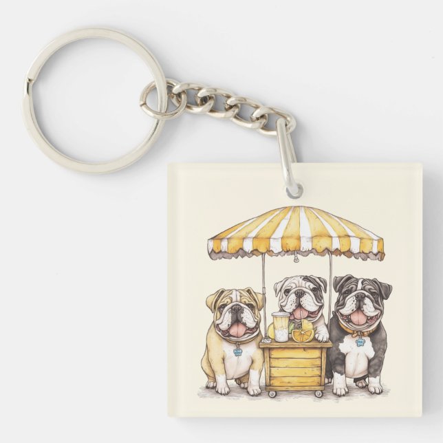 English Bulldogs Running A Lemonade Stand Keychain (Front)