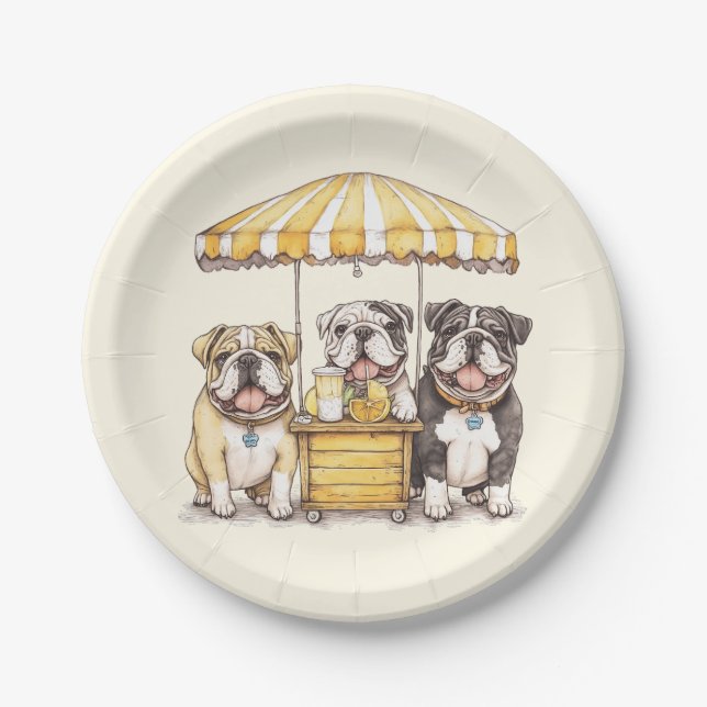 English Bulldogs Running A Lemonade Stand Paper Plates (Front)