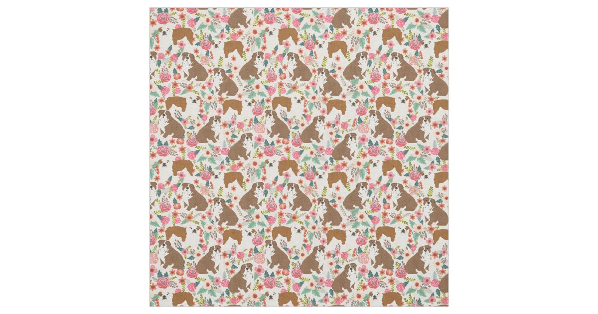 English Bulldogs vintage florals pattern Fabric | Zazzle