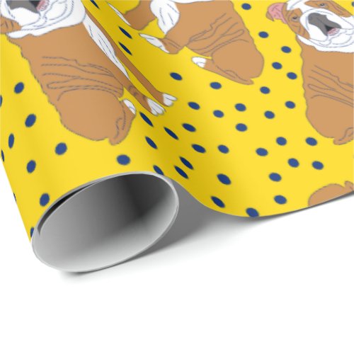English Bulldogs Yellow and Blue Patterned Wrapping Paper