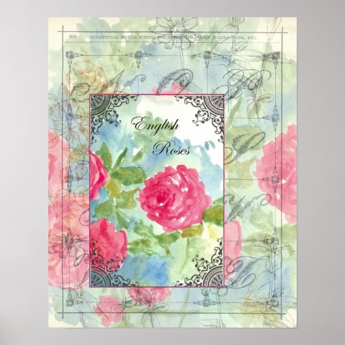 English Cabbage Roses Collage Watercolor Flowers Poster