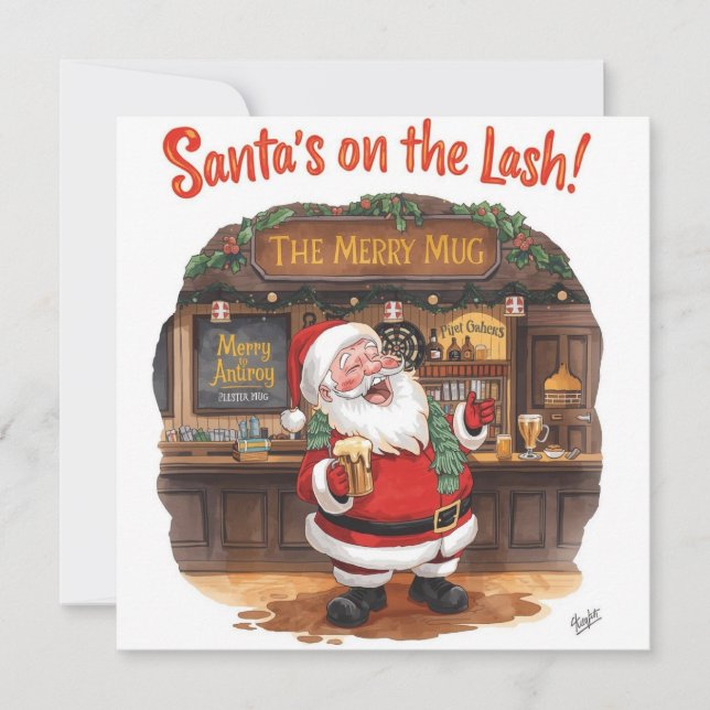English Christmas with Santa Claus in Pub Holiday Card (Front)