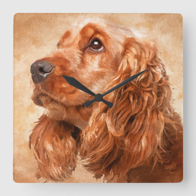 English Cocker Spaniel Dog Digital Art Square Wall Clock (Front)