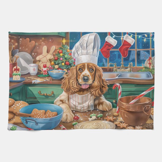 English Cocker Spaniel Holiday Baking: Christmas Kitchen Towel (Horizontal)