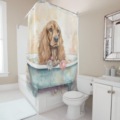 English Cocker Spaniel In Bathtub Watercolor Dog  Shower Curtain