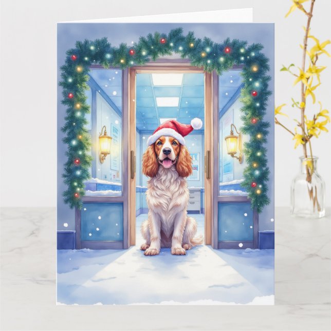 English Cocker Spaniel Nurse Station Santa Hat Card (Yellow Flower)