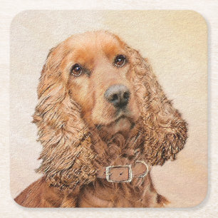 English Cocker Spaniel Painting - Original Dog Art Square Paper Coaster