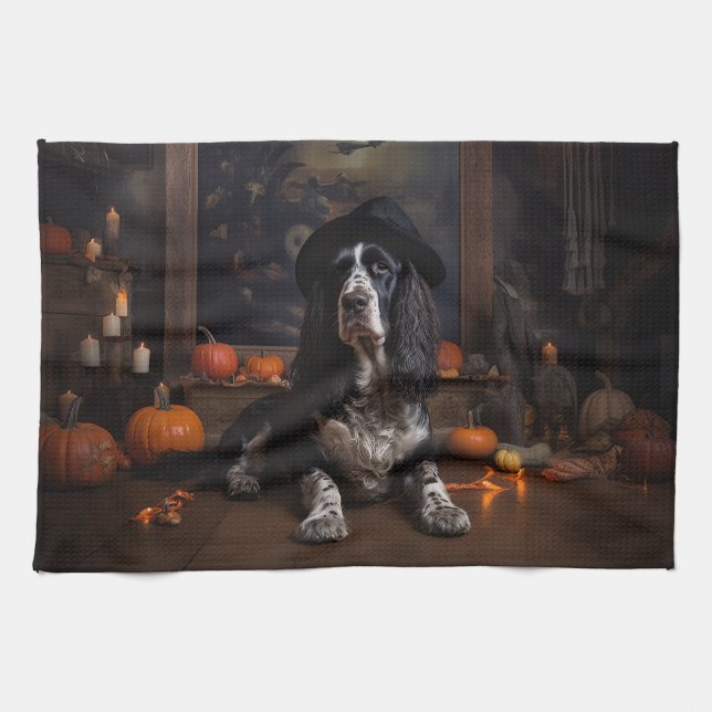 English Cocker Spaniel Pumpkins Halloween Scary  Kitchen Towel (Horizontal)