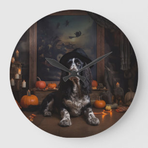 English Cocker Spaniel Pumpkins Halloween Scary Large Clock