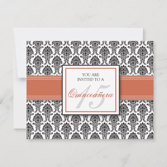 ENGLISH Coral Damask Quinceanera Invitation (Front)