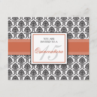 ENGLISH Coral Damask Quinceanera Invitation