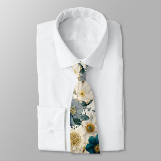 English Cottage Garden Blue And Cream Floral  Neck Tie