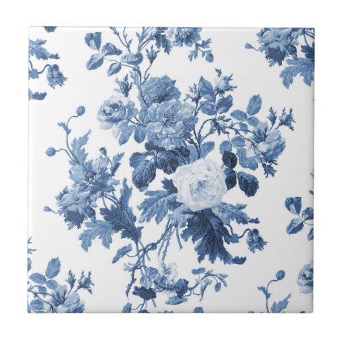 English Cottage Garden Floral Blue n White Pattern Ceramic Tile