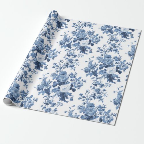 English Cottage Garden Floral Blue n White Pattern Wrapping Paper