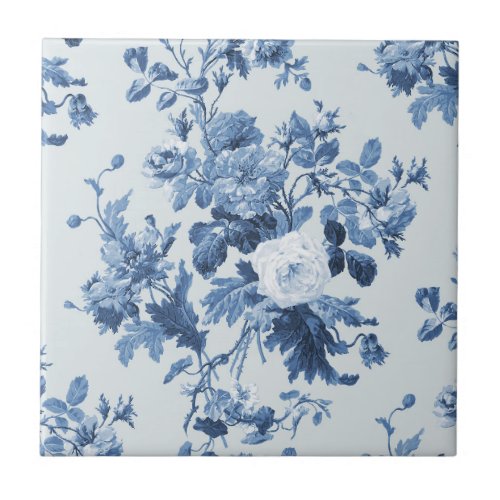 English Cottage Garden Floral Dusty Blue Pattern Ceramic Tile