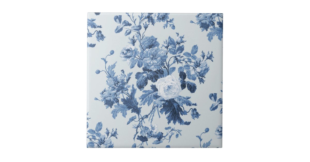 English Cottage Garden Floral Dusty Blue Pattern Ceramic Tile | Zazzle