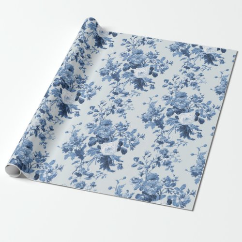 English Cottage Garden Floral Dusty Blue Pattern Wrapping Paper