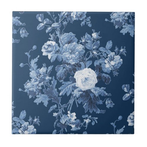 English Cottage Garden Floral Navy Blue Pattern Ceramic Tile