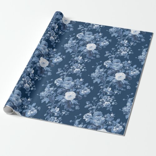 English Cottage Garden Floral Navy Blue Pattern Wrapping Paper