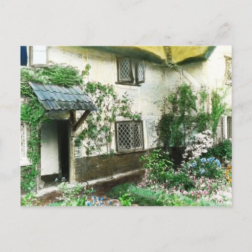 English cottage garden with ivy framing the door postcard