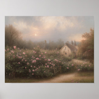 English cottage rose garden - vintage art  poster