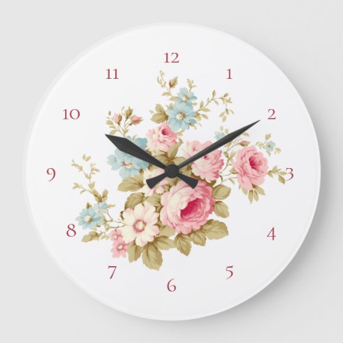 English Cottage Vintage Pink Roses Large Clock