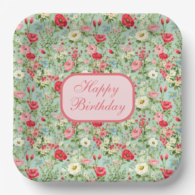 English Country Wildflower Happy Birthday Plates (Front)
