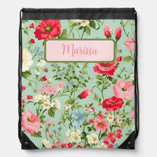 English Country Wildflower Personalized Drawstring Bag