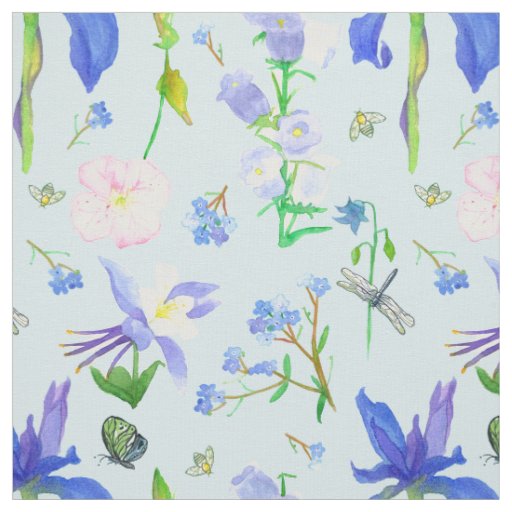 English Country Wildflowers Bees Blue Fabric