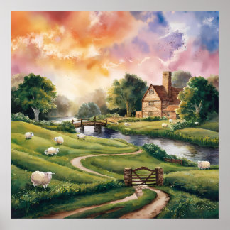 English Countryside Watercolor Landscape Painting Poster