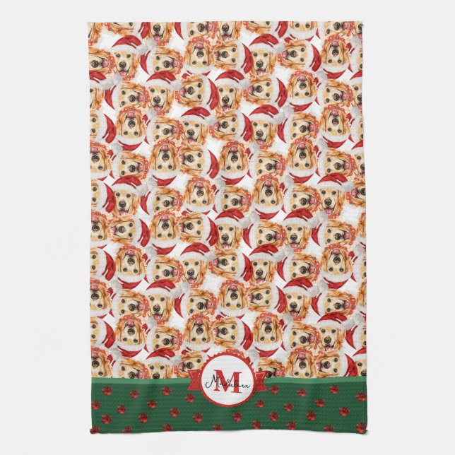 English Cream Golden Monogram Christmas Dog Kitchen Towel (Vertical)