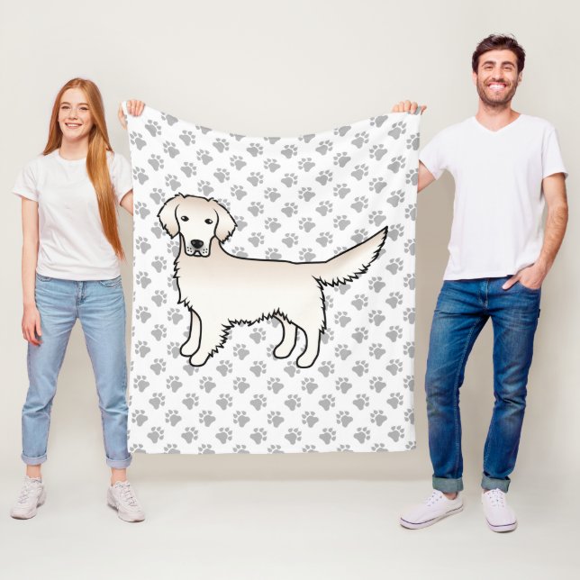 English Cream Golden Retriever Cartoon Dog & Paws Fleece Blanket (In Situ)