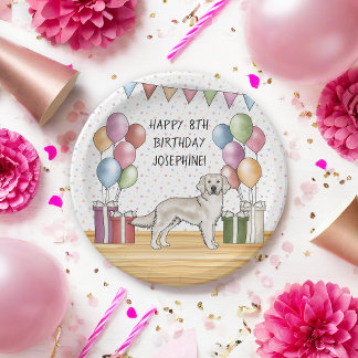 English Cream Golden Retriever Colorful Birthday Paper Plates