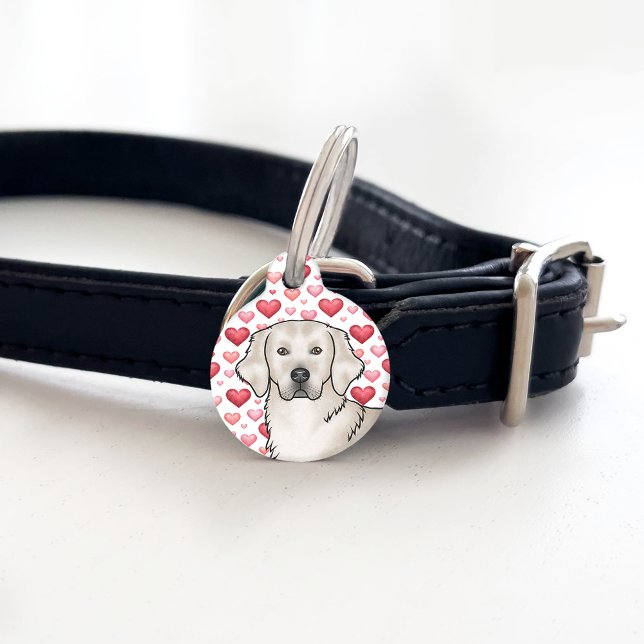 English Cream Golden Retriever Dog Pink Red Hearts Pet ID Tag (Front)