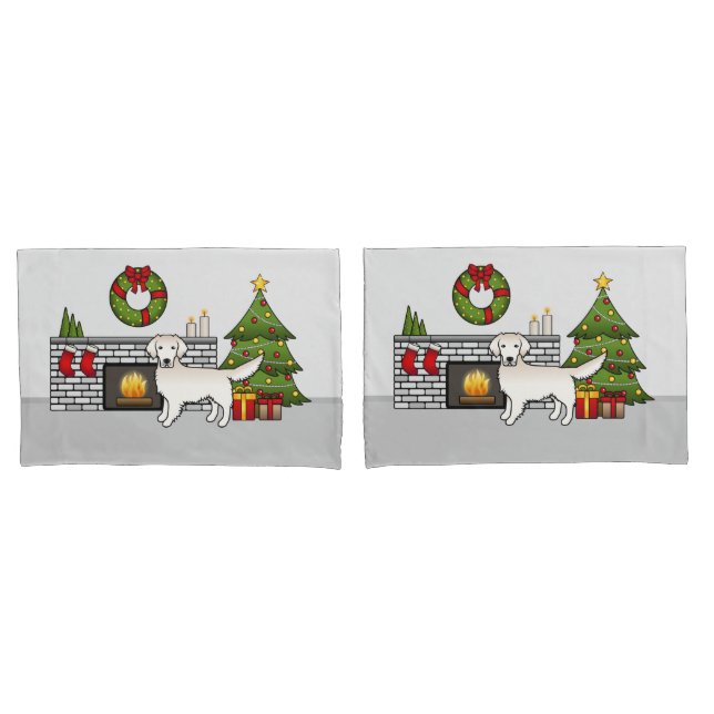 English Cream Golden Retriever In A Christmas Room Pillow Case (Front-Set)