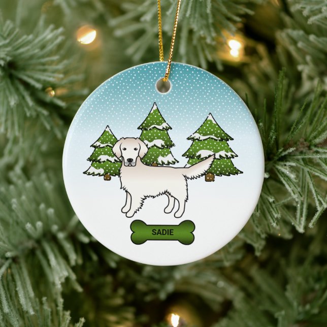 English Cream Golden Retriever In Winter & Name Ceramic Ornament (Tree)